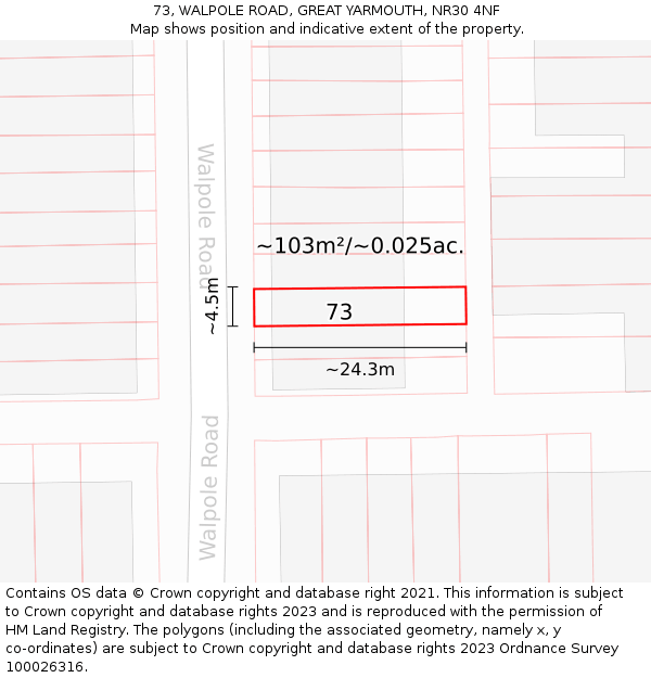 73, WALPOLE ROAD, GREAT YARMOUTH, NR30 4NF: Plot and title map