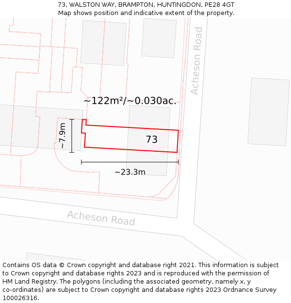 73, WALSTON WAY, BRAMPTON, HUNTINGDON, PE28 4GT: Plot and title map