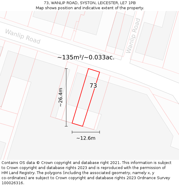 73, WANLIP ROAD, SYSTON, LEICESTER, LE7 1PB: Plot and title map