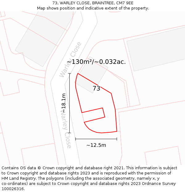 73, WARLEY CLOSE, BRAINTREE, CM7 9EE: Plot and title map