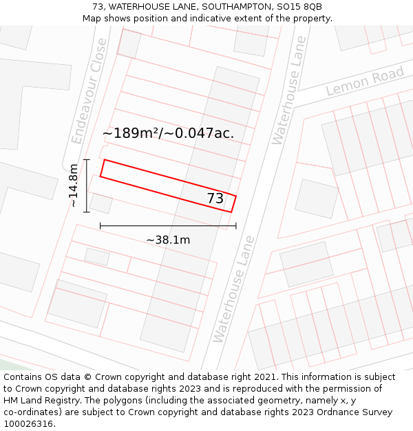 73, WATERHOUSE LANE, SOUTHAMPTON, SO15 8QB: Plot and title map