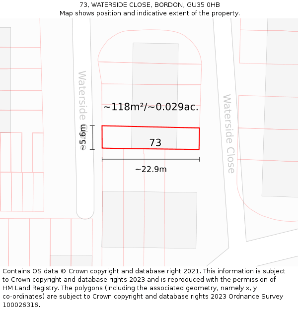 73, WATERSIDE CLOSE, BORDON, GU35 0HB: Plot and title map