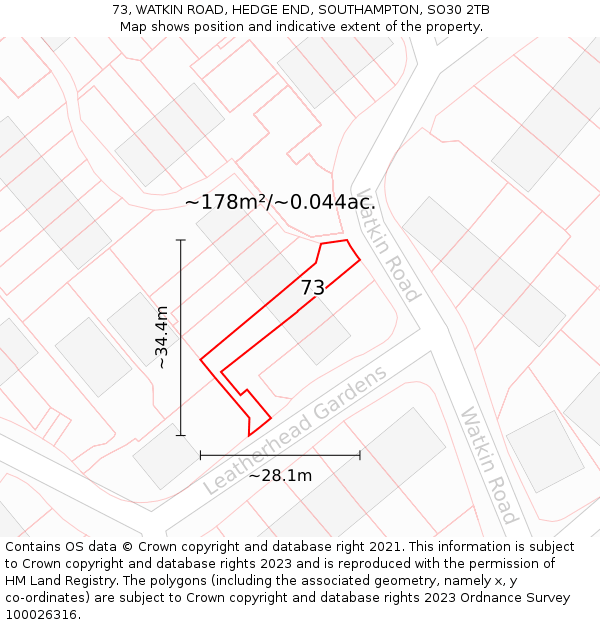 73, WATKIN ROAD, HEDGE END, SOUTHAMPTON, SO30 2TB: Plot and title map