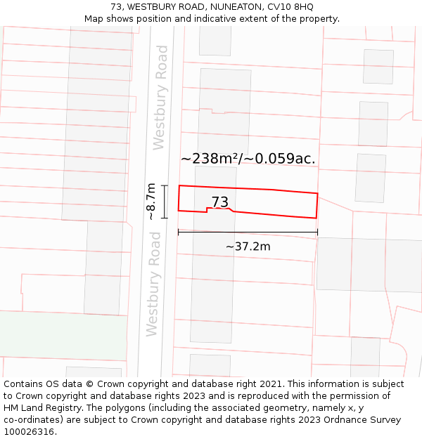 73, WESTBURY ROAD, NUNEATON, CV10 8HQ: Plot and title map
