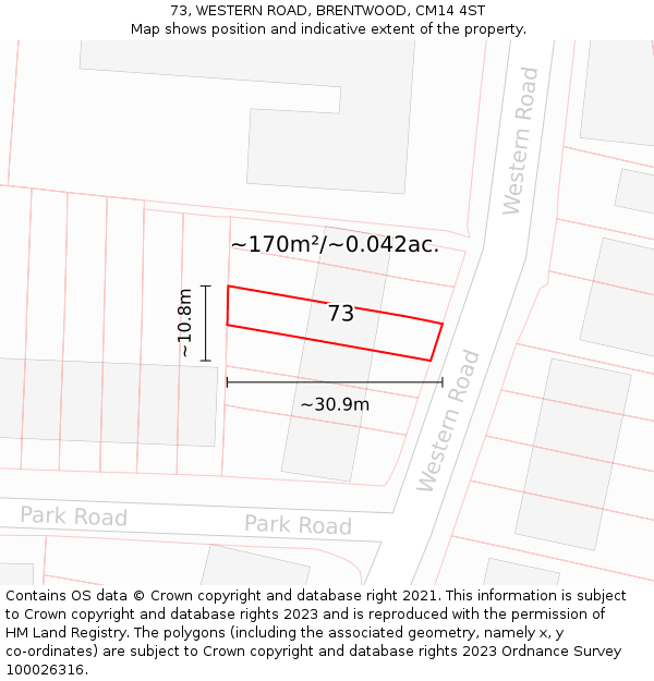 73, WESTERN ROAD, BRENTWOOD, CM14 4ST: Plot and title map