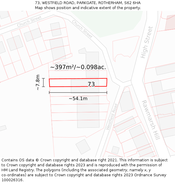 73, WESTFIELD ROAD, PARKGATE, ROTHERHAM, S62 6HA: Plot and title map
