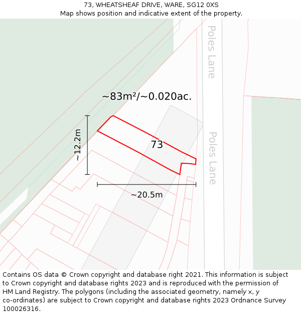 73, WHEATSHEAF DRIVE, WARE, SG12 0XS: Plot and title map