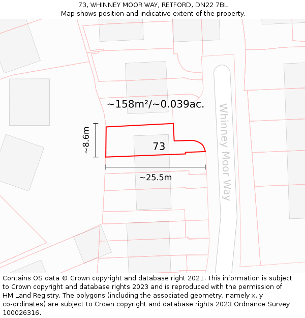 73, WHINNEY MOOR WAY, RETFORD, DN22 7BL: Plot and title map