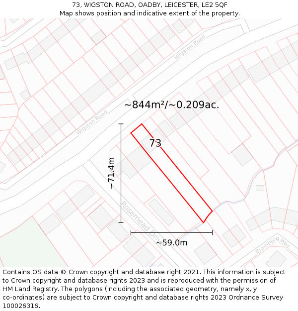 73, WIGSTON ROAD, OADBY, LEICESTER, LE2 5QF: Plot and title map