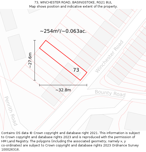 73, WINCHESTER ROAD, BASINGSTOKE, RG21 8UL: Plot and title map