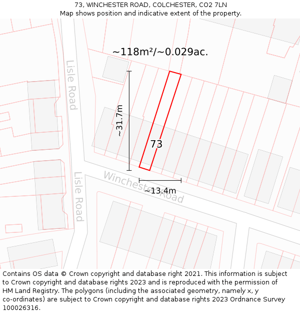 73, WINCHESTER ROAD, COLCHESTER, CO2 7LN: Plot and title map