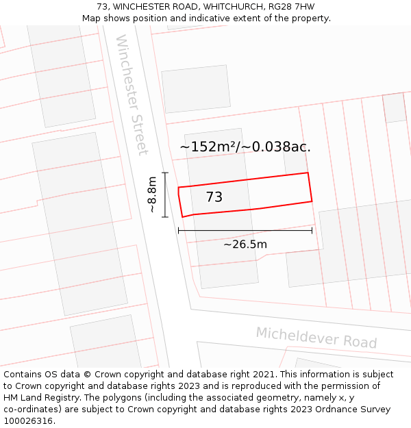 73, WINCHESTER ROAD, WHITCHURCH, RG28 7HW: Plot and title map