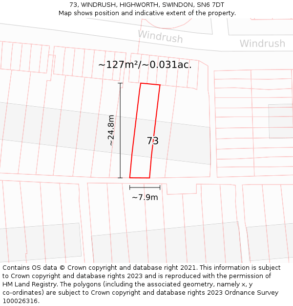 73, WINDRUSH, HIGHWORTH, SWINDON, SN6 7DT: Plot and title map