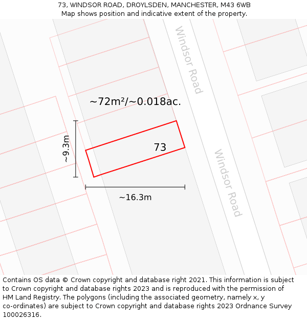 73, WINDSOR ROAD, DROYLSDEN, MANCHESTER, M43 6WB: Plot and title map