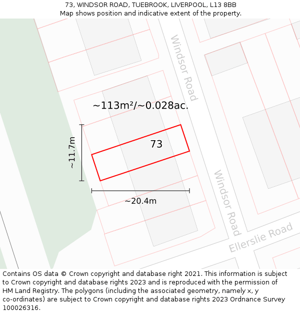 73, WINDSOR ROAD, TUEBROOK, LIVERPOOL, L13 8BB: Plot and title map