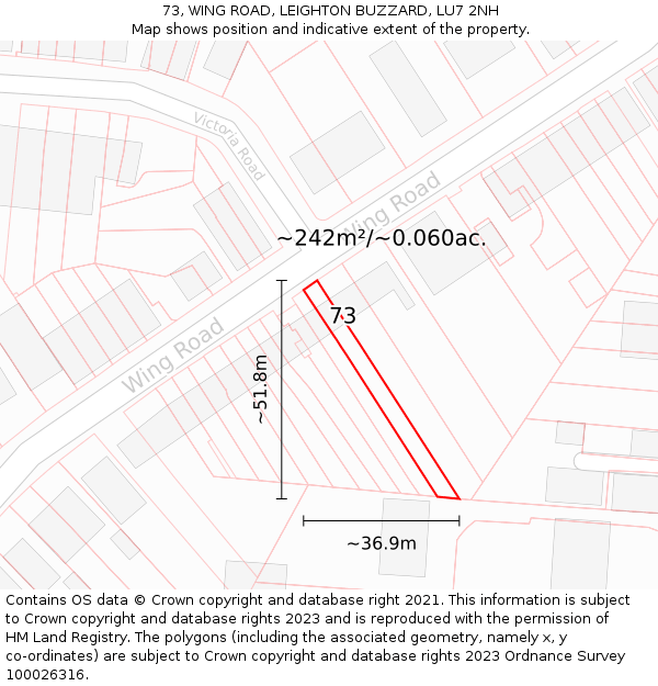 73, WING ROAD, LEIGHTON BUZZARD, LU7 2NH: Plot and title map