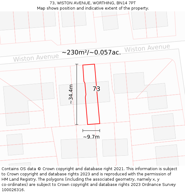73, WISTON AVENUE, WORTHING, BN14 7PT: Plot and title map