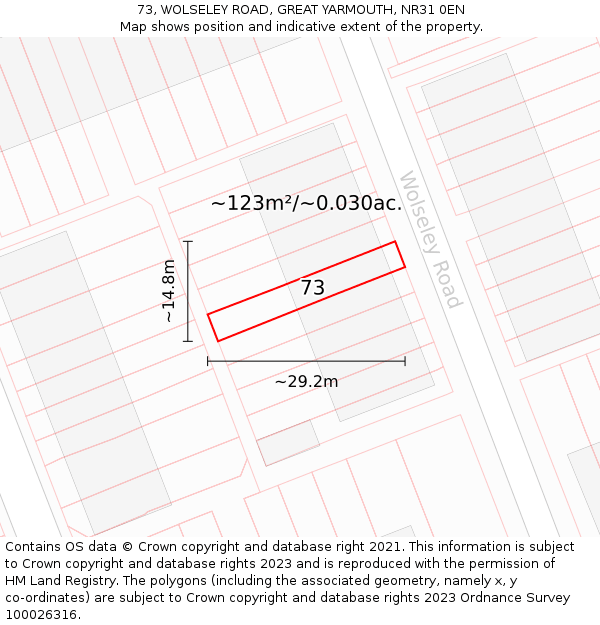 73, WOLSELEY ROAD, GREAT YARMOUTH, NR31 0EN: Plot and title map