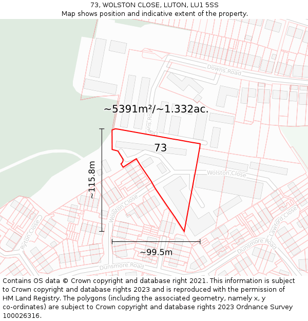 73, WOLSTON CLOSE, LUTON, LU1 5SS: Plot and title map