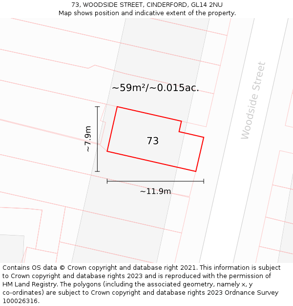 73, WOODSIDE STREET, CINDERFORD, GL14 2NU: Plot and title map