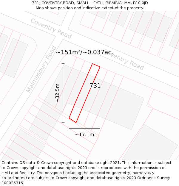 731, COVENTRY ROAD, SMALL HEATH, BIRMINGHAM, B10 0JD: Plot and title map