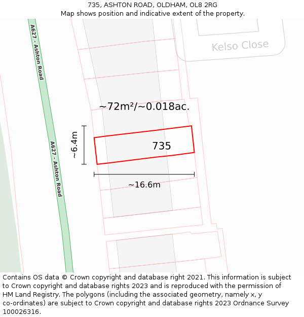 735, ASHTON ROAD, OLDHAM, OL8 2RG: Plot and title map