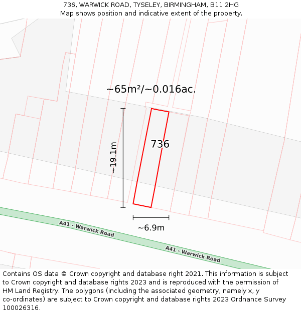 736, WARWICK ROAD, TYSELEY, BIRMINGHAM, B11 2HG: Plot and title map