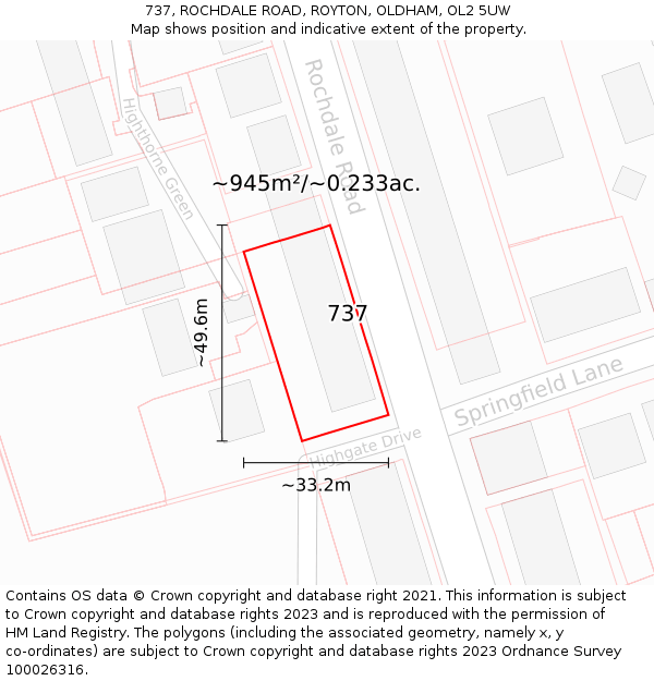 737, ROCHDALE ROAD, ROYTON, OLDHAM, OL2 5UW: Plot and title map