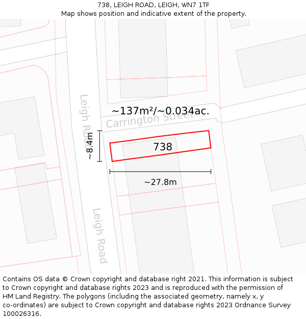 738, LEIGH ROAD, LEIGH, WN7 1TF: Plot and title map