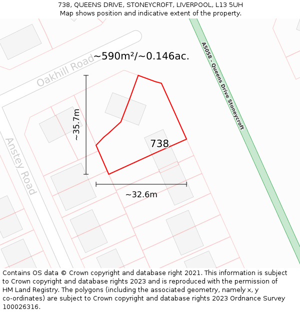 738, QUEENS DRIVE, STONEYCROFT, LIVERPOOL, L13 5UH: Plot and title map