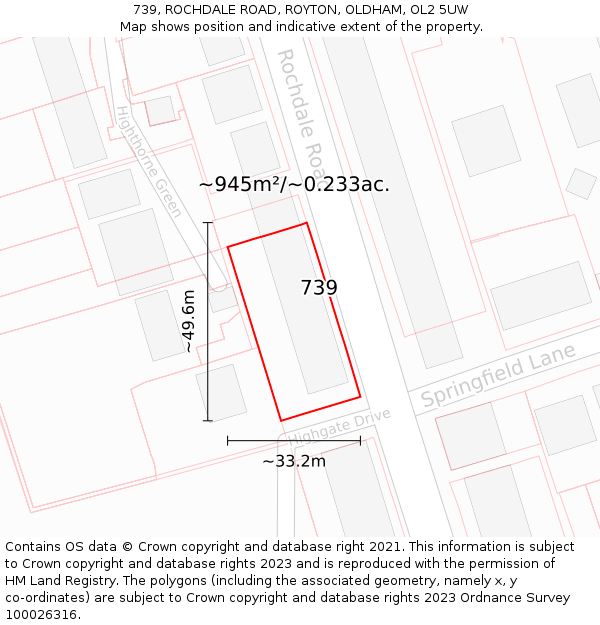739, ROCHDALE ROAD, ROYTON, OLDHAM, OL2 5UW: Plot and title map