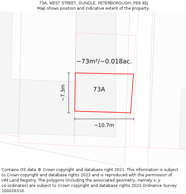 73A, WEST STREET, OUNDLE, PETERBOROUGH, PE8 4EJ: Plot and title map