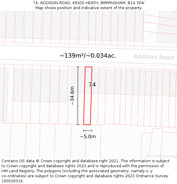 74, ADDISON ROAD, KINGS HEATH, BIRMINGHAM, B14 7EW: Plot and title map