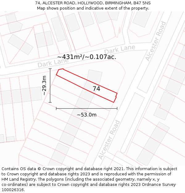 74, ALCESTER ROAD, HOLLYWOOD, BIRMINGHAM, B47 5NS: Plot and title map