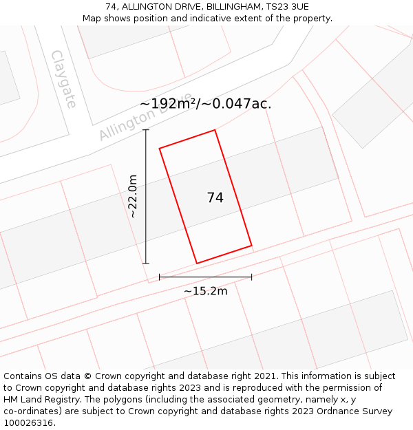 74, ALLINGTON DRIVE, BILLINGHAM, TS23 3UE: Plot and title map