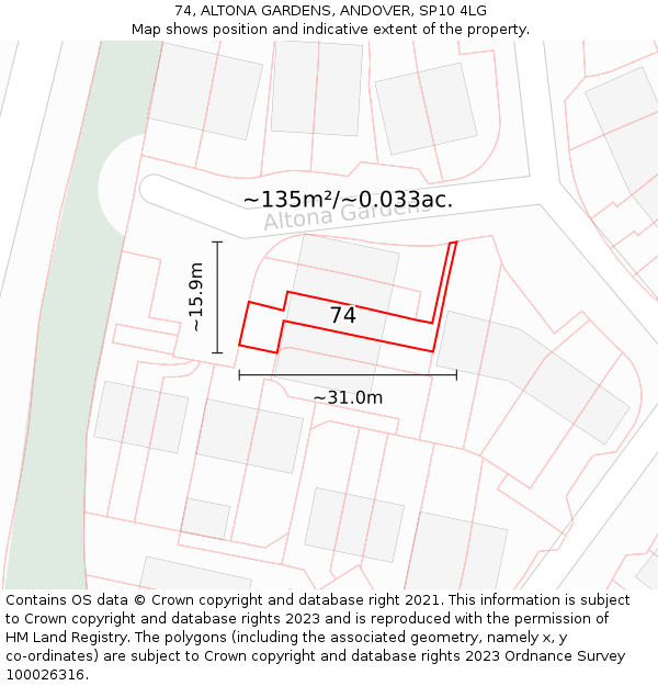 74, ALTONA GARDENS, ANDOVER, SP10 4LG: Plot and title map