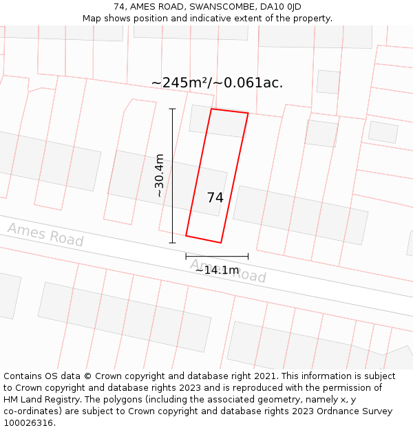 74, AMES ROAD, SWANSCOMBE, DA10 0JD: Plot and title map