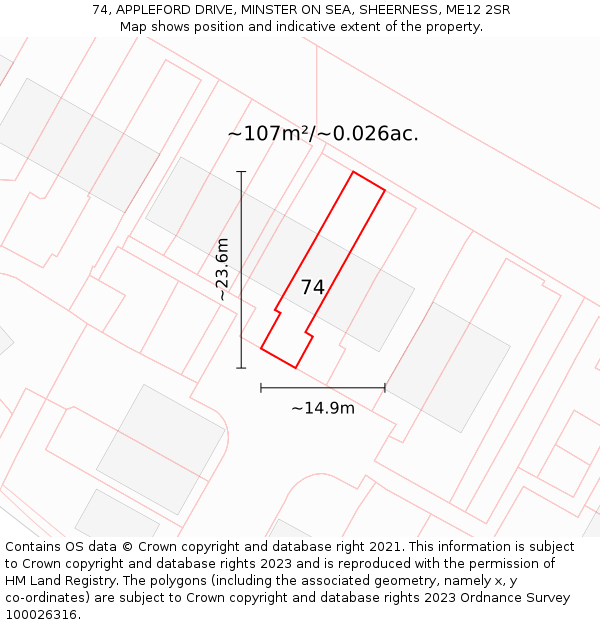 74, APPLEFORD DRIVE, MINSTER ON SEA, SHEERNESS, ME12 2SR: Plot and title map