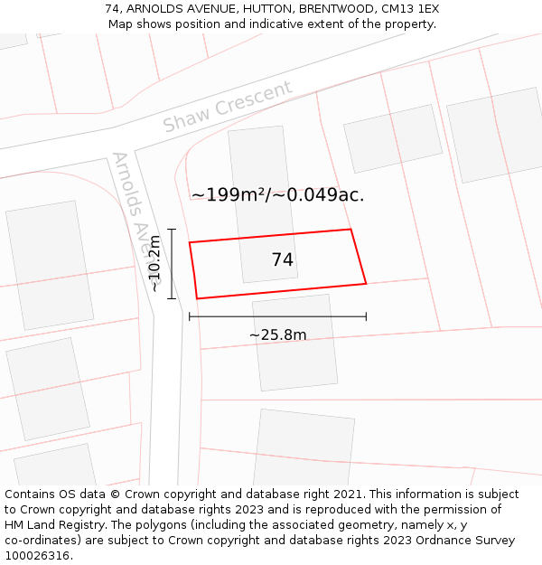 74, ARNOLDS AVENUE, HUTTON, BRENTWOOD, CM13 1EX: Plot and title map
