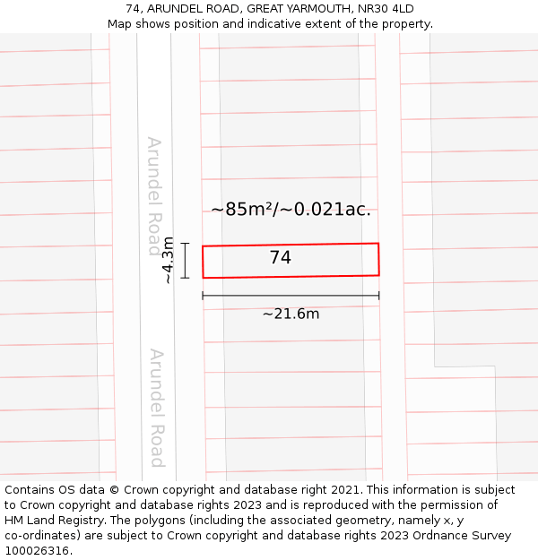 74, ARUNDEL ROAD, GREAT YARMOUTH, NR30 4LD: Plot and title map