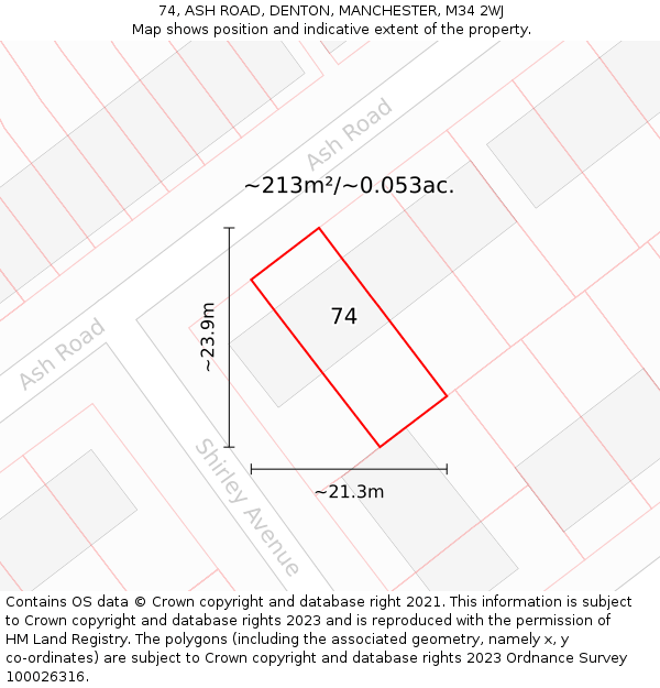 74, ASH ROAD, DENTON, MANCHESTER, M34 2WJ: Plot and title map