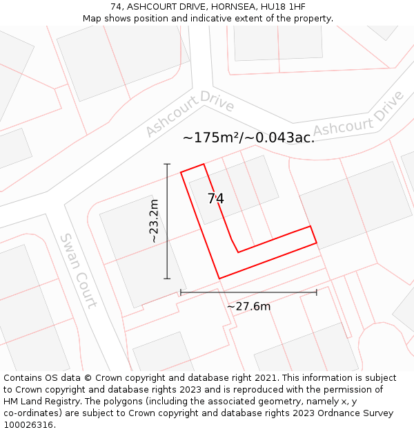74, ASHCOURT DRIVE, HORNSEA, HU18 1HF: Plot and title map