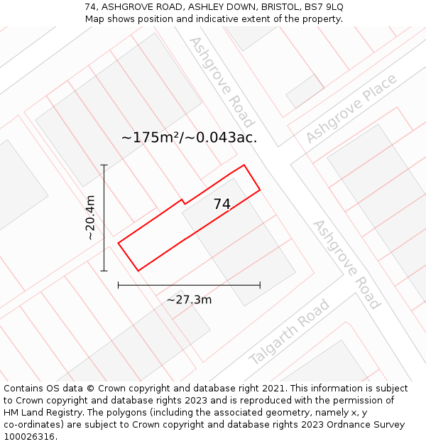 74, ASHGROVE ROAD, ASHLEY DOWN, BRISTOL, BS7 9LQ: Plot and title map