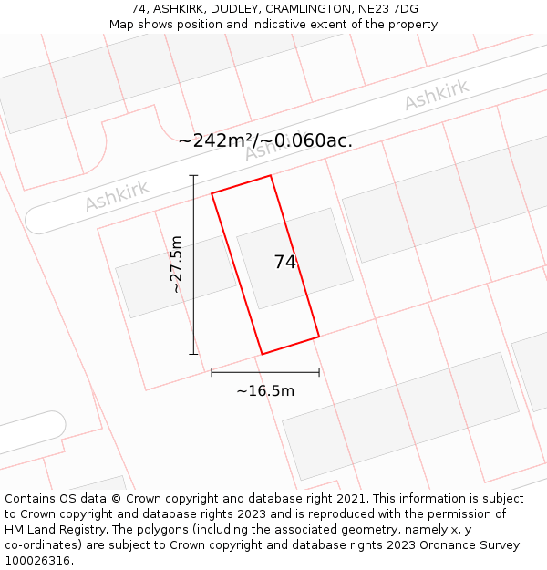 74, ASHKIRK, DUDLEY, CRAMLINGTON, NE23 7DG: Plot and title map
