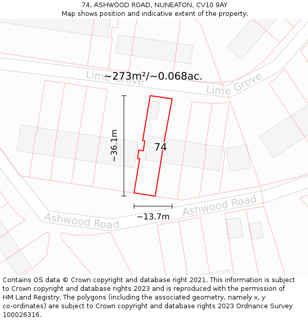 74, ASHWOOD ROAD, NUNEATON, CV10 9AY: Plot and title map