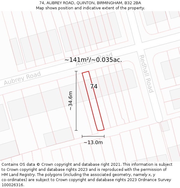 74, AUBREY ROAD, QUINTON, BIRMINGHAM, B32 2BA: Plot and title map