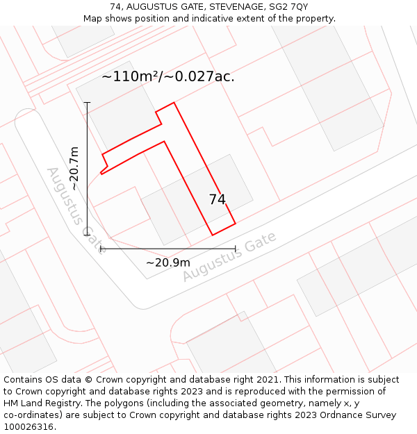 74, AUGUSTUS GATE, STEVENAGE, SG2 7QY: Plot and title map