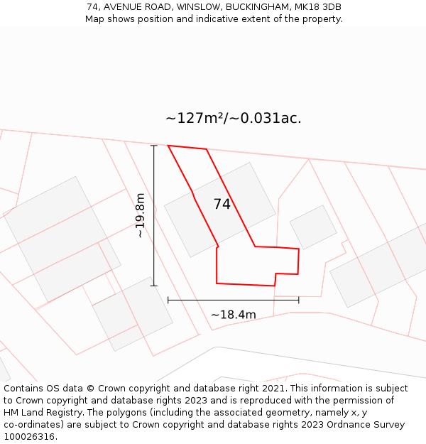 74, AVENUE ROAD, WINSLOW, BUCKINGHAM, MK18 3DB: Plot and title map