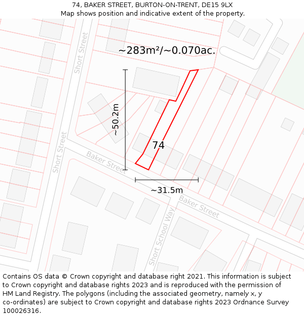 74, BAKER STREET, BURTON-ON-TRENT, DE15 9LX: Plot and title map