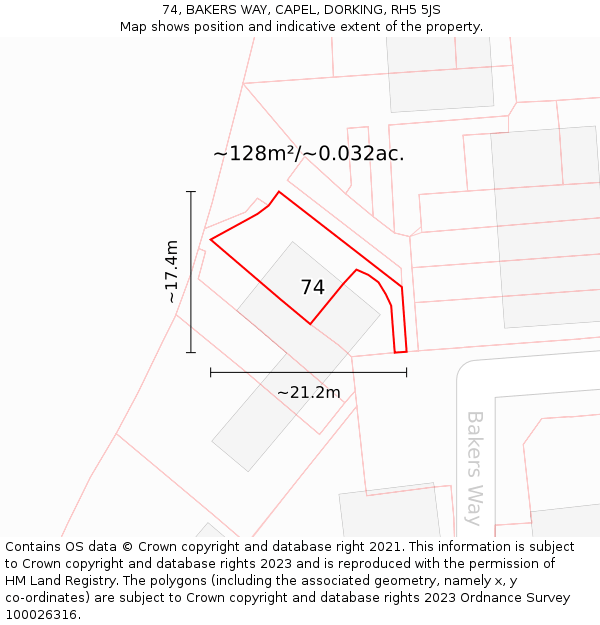 74, BAKERS WAY, CAPEL, DORKING, RH5 5JS: Plot and title map